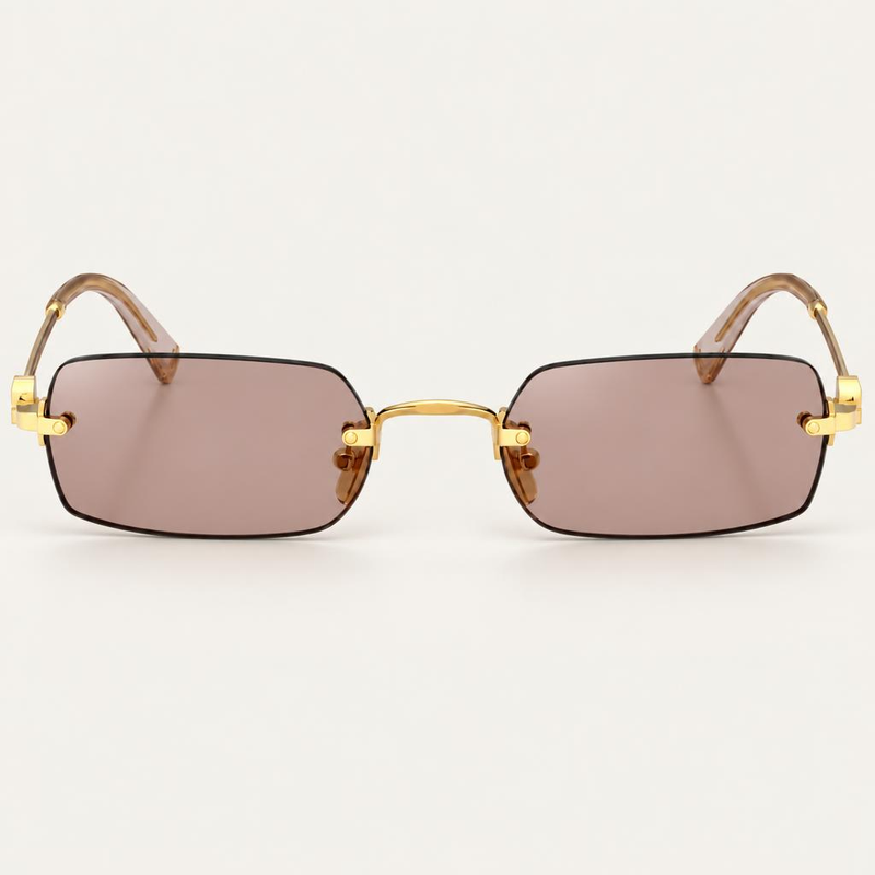 Óculos Serena da Solune, com lentes retangulares rosadas, sem aro aparente e detalhes dourados.