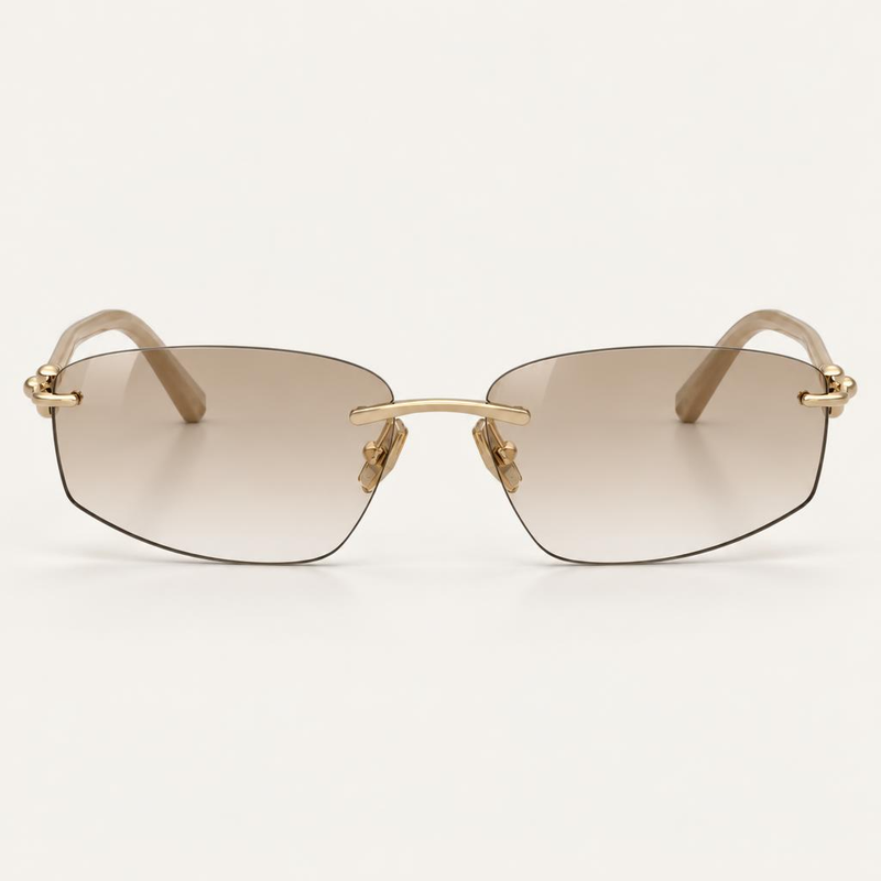 Óculos Maya da Solune, com lentes retangulares em degradê, sem aro aparente e detalhes dourados.