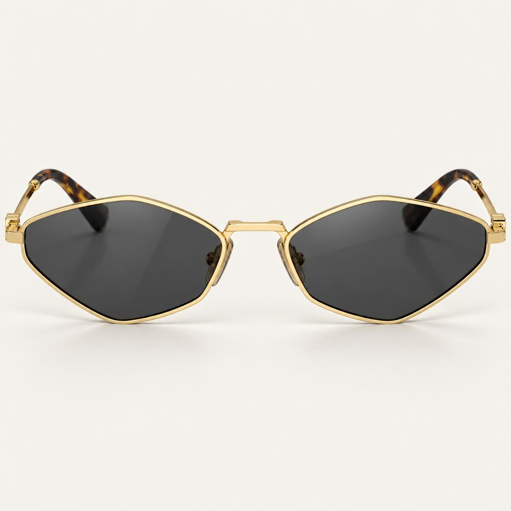 Óculos Florence da Solune, com lentes geométricas escuras e contorno fino dourado.