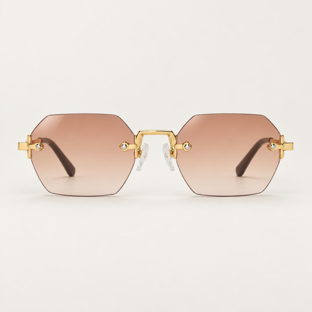 Óculos Kairos da Solune, com lentes poligonais em degradê, sem aro aparente e ponte dourada.