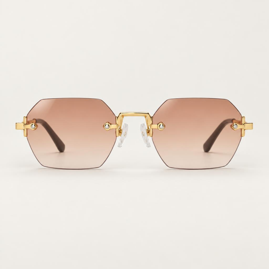 Óculos Kairos da Solune, com lentes poligonais em degradê, sem aro aparente e ponte dourada.