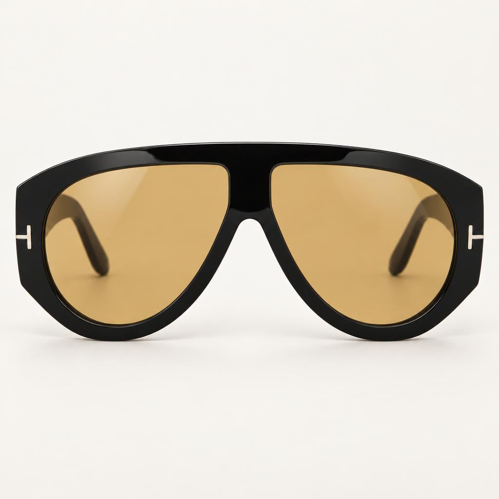 Óculos Léa da Solune, com frente preta no formato aviador e lentes de tom quente.