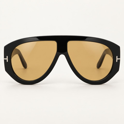 Óculos Léa da Solune, com frente preta no formato aviador e lentes de tom quente.
