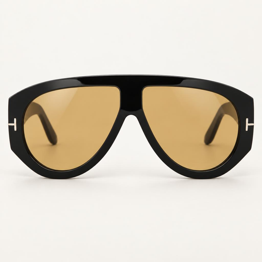 Óculos Léa da Solune, com frente preta no formato aviador e lentes de tom quente.
