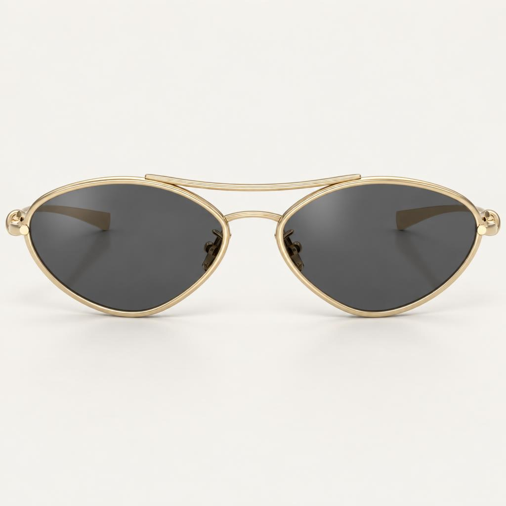 Óculos Livia da Solune, com lentes ovais escuras, contorno fino dourado e barra superior.