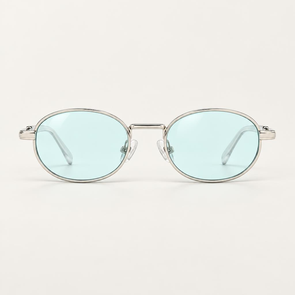 Óculos Mônaco da Solune, com lentes ovais azul-claras e contorno fino prateado.