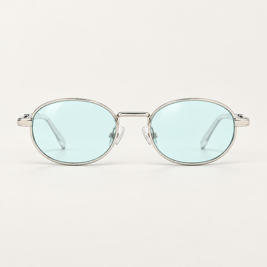 Óculos Mônaco da Solune, com lentes ovais azul-claras e contorno fino prateado.