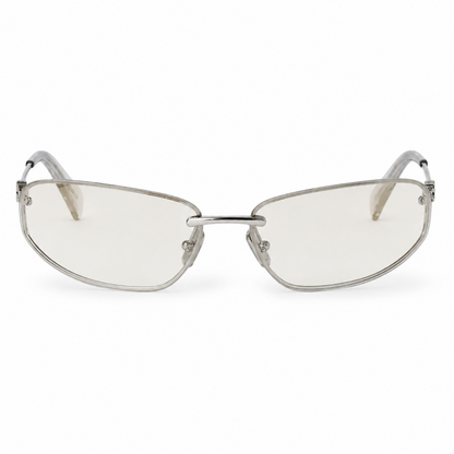 Óculos Virginia Prata da Solune, com lentes alongadas de cantos suaves e contorno fino.