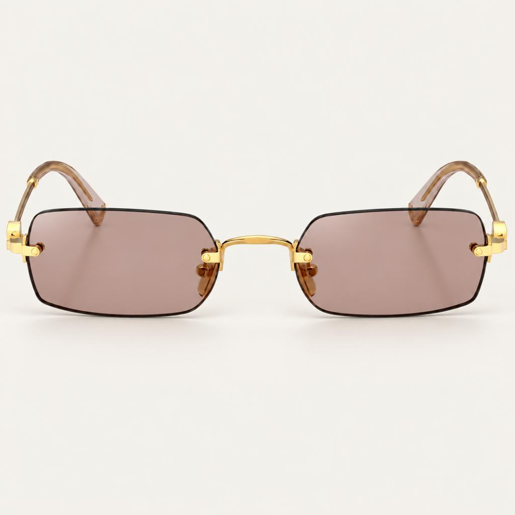 Óculos Serena da Solune, com lentes retangulares rosadas, sem aro aparente e detalhes dourados.