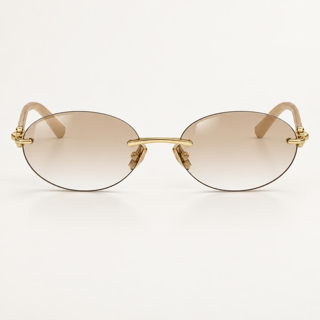 Óculos Duda da Solune, com lentes ovais em degradê e frente sem aro aparente.