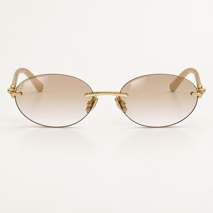 Óculos Duda da Solune, com lentes ovais em degradê e frente sem aro aparente.