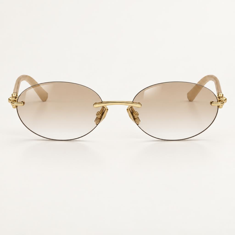 Óculos Duda da Solune, com lentes ovais em degradê e frente sem aro aparente.