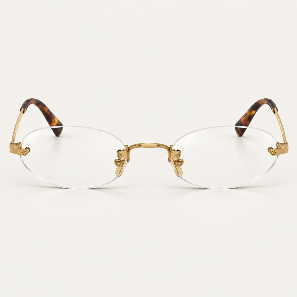 Óculos Verona da Solune, com lentes geométricas claras, sem aro aparente e detalhes dourados.