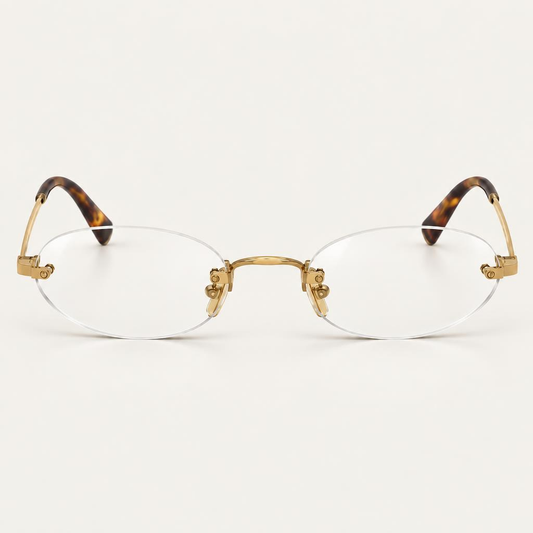 Óculos Verona da Solune, com lentes geométricas claras, sem aro aparente e detalhes dourados.