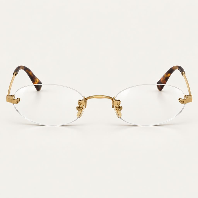 Óculos Verona da Solune, com lentes geométricas claras, sem aro aparente e detalhes dourados.